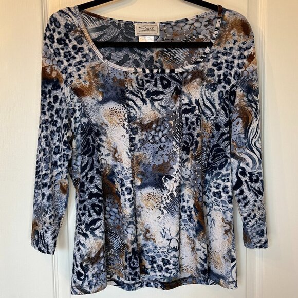 Vintage Animal Print Top Blue Brown Abstract Size Large - Picture 1 of 7